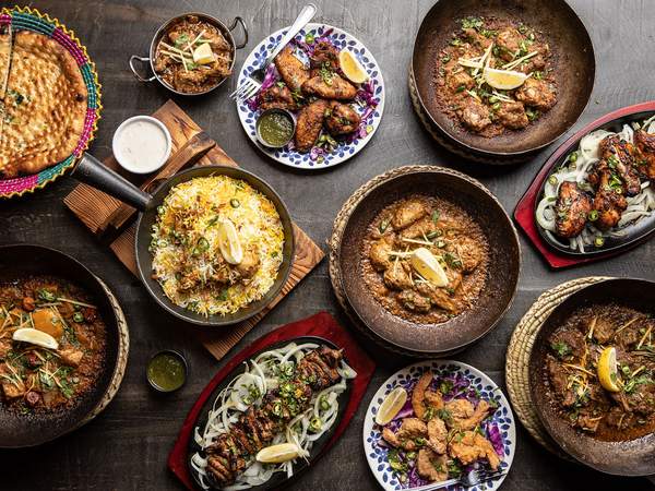 Karahi, biryani and grilled meats spread